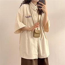 复古港风绣花情侣衬衫女夏2026新款潮牌棕色宽松Polo领上，男装衬衫，星座218-1（原230）