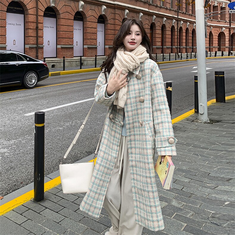 韩系格纹羊毛呢子大衣女2025冬季新款加厚显瘦中长款羊绒毛呢外套,女装毛呢外套,2C120