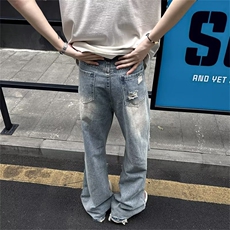 水洗破洞牛仔裤男潮牌宽松直筒微喇休闲裤子潮4125P45，男装牛仔裤，星座410-2