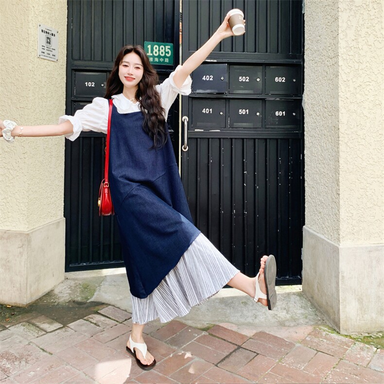 港风复古条纹拼接假两件背心裙女夏季2025新款中长款到脚踝连衣裙,女装连衣裙,2C158