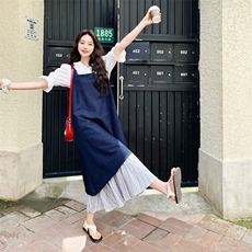 港风复古条纹拼接假两件背心裙女夏季2025新款中长款到脚踝连衣裙，女装连衣裙，2C158