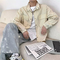 日系浅色条纹衬衫外套男潮流痞帅宽松休闲少年感简约口袋长袖衬衣，男装衬衫，星座506A