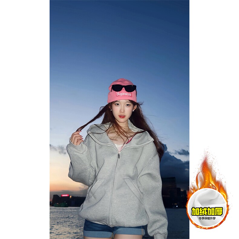 480G重磅加绒硬挺boxy男女秋冬美式高街防风高领卫衣开衫厚外套，女装短外套，电商A486-1