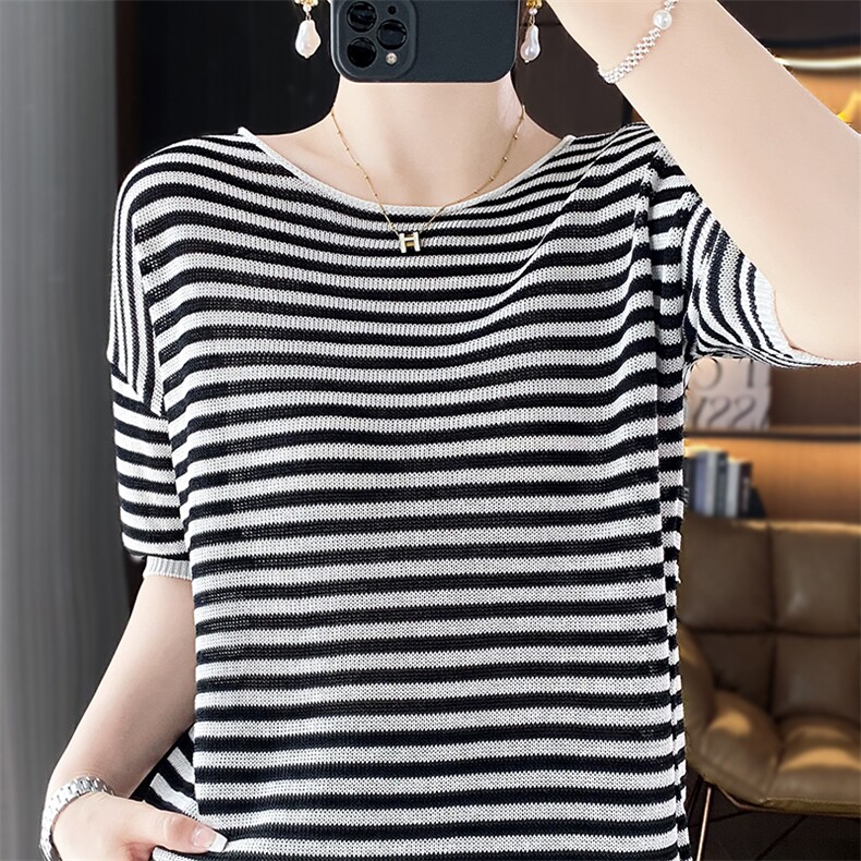 法式条纹冰丝针织短袖T恤女2025夏薄透气宽松显瘦上衣半袖t恤衫新，女装针织衫/毛衣，总能电商供货