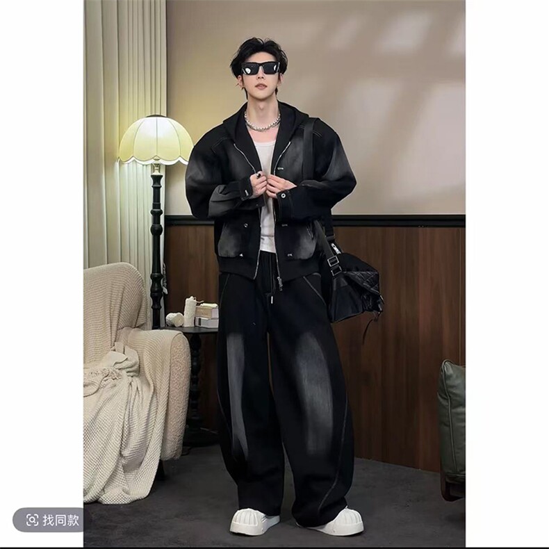2026春款潮流牛仔拼接连帽夹克套装男W366-P153K366-P92(网图），男装夹克，电商B267