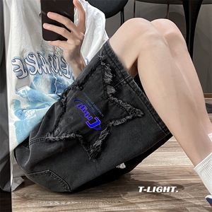 毛边牛仔短裤高街男美式街头宽松休闲五分裤子夏季薄款N0551-P40图片
