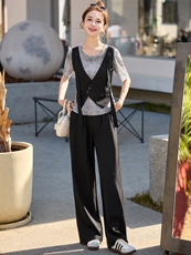 设计感假两件上衣阔腿裤套装女2025年夏季新款洋气减龄显瘦两件套，女装套装/套裙，秀美人生