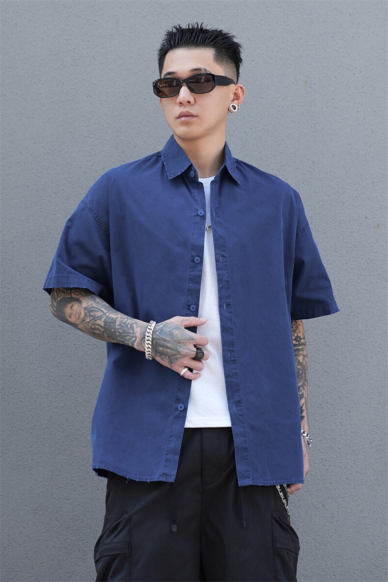 美式工装衬衫短袖夏季宽松纯棉脏染衬衣男A436-0601E-P4068,男装衬衫,电商A436