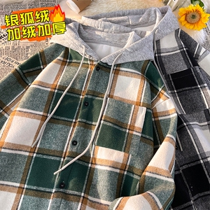 冬款大码呢料磨毛连帽宽松百搭加绒加厚衬衣外套J25858J加绒-P60图片