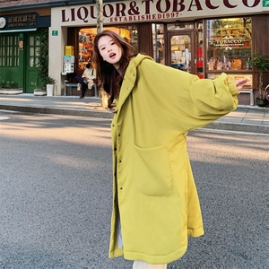 亮黄色中长款工装派克服羽绒服女冬季连帽风衣式加厚90白鸭绒外套图片