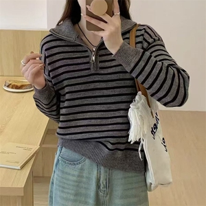 慵懒风条纹POLO翻领长袖卫衣女秋季韩版宽松休闲半拉链上衣,红色单壶的搭配什么茶盘图片