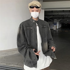 JK89472025秋复古水洗做旧拉链装饰牛仔夹克立领外套，男装夹克，星座1108
