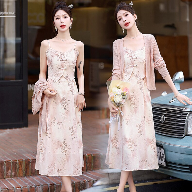 新款优雅碎花吊带连衣裙套装显瘦气质两件套，女装连衣裙，C位