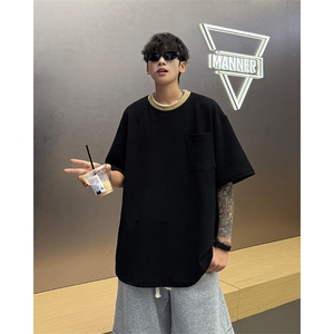 春夏韩系极简老钱风拼色阔版重磅短袖T恤男休闲短袖短袖撞色特P35图片