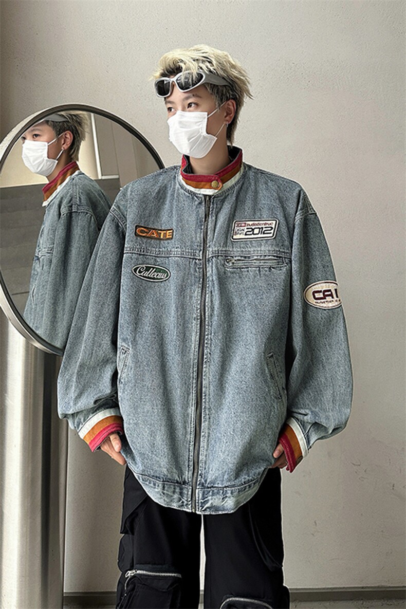 秋季新款港风日系复古水洗立领刺绣棒球服牛仔夹克男JK1383-P78,男装夹克,星座313A(原308A-2)