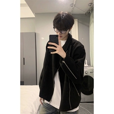 网图黑色毛呢短款夹克斜拉链解构设计感翻领外套DY193-P90，男装夹克，星座1213