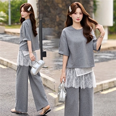 2026年夏季新款休闲圆领T屁帘阔腿裤三件套装，女装套装/套裙，艾仟回(原伊仟回)