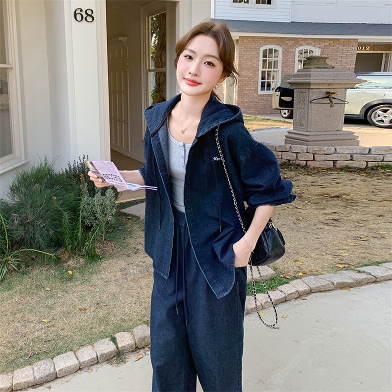 连帽牛仔外套阔腿裤两件套女春2025今年流行漂亮韩系宽松显瘦套装,女装套装/套裙,2C051