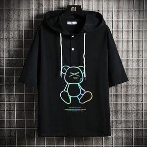 LD54139-P45 连帽短袖t恤男大码胖子带帽五分袖中袖 网格挂拍图片