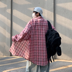 美式复古高街格子衬衫男女宽松休闲外套情侣长袖上衣CS01142-P43，男装衬衫，星座308B-1