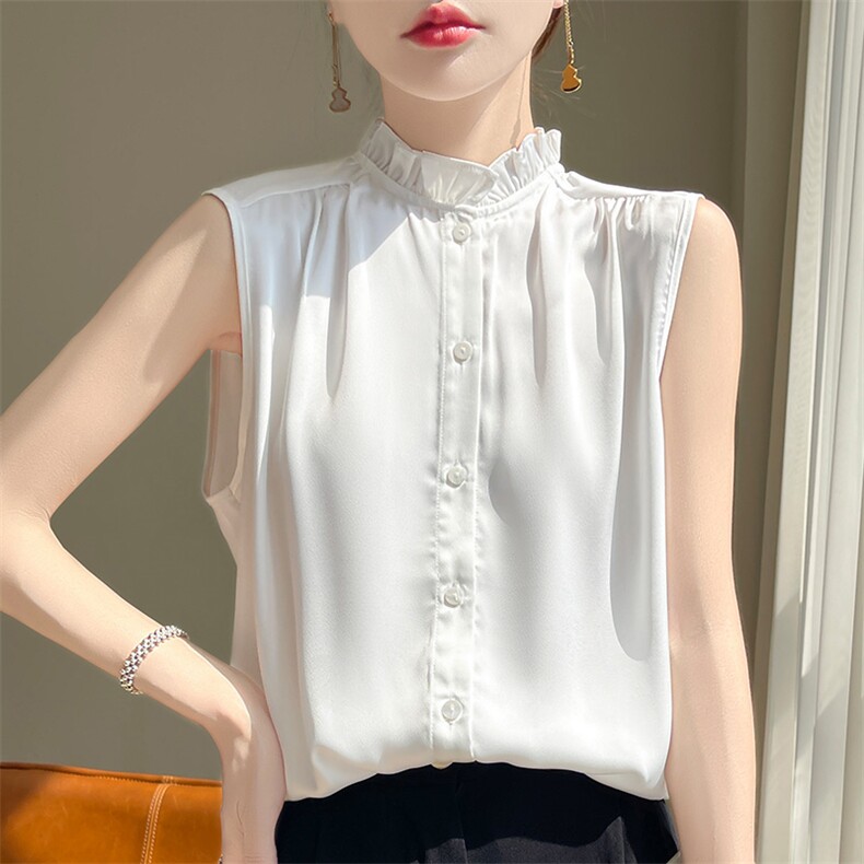 24夏季新款真丝吊带木耳边醋酸背心女无袖T恤西服内搭打底衫上衣,女装T恤,凯思米羊绒