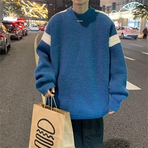 得物品质秋冬款男毛衣字母印花拼色条纹宽松针织衫外套M267 P55图片