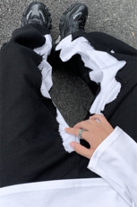 8XL-M特大码美式高街ins小众vibe鸳鸯黑白拼接直筒牛仔裤K929P60，男装牛仔裤，电商D206-1