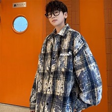 HJ45日系ins翻领潮流简约时尚港风少年感格子长袖衬衫男常规宽松，男装衬衫，星座308A-1（原309B-1）