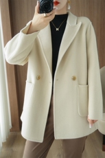 秋冬季羊毛时尚休闲经典V领两排一扣带口袋中款大衣，女装双面呢大衣，泰公羊绒