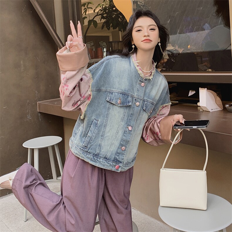 新中式撞色提花牛仔外套女2025春季新款小个子国风复古拼接短夹克,女装短外套,浙宝220