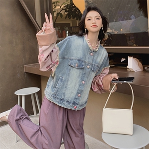 新中式撞色提花牛仔外套女2025春季新款小个子国风复古拼接短夹克图片
