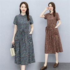 连衣裙2024年夏季时尚气质优雅百搭简约印花中长款2024年夏季，女装连衣裙，倪叶myz