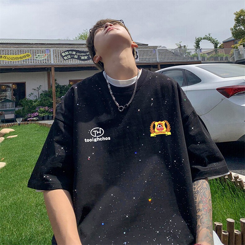 量大优供抖音视频支持得物配合二开美式满天星亮片短袖T恤MTX580,男装T恤,电商A486-1