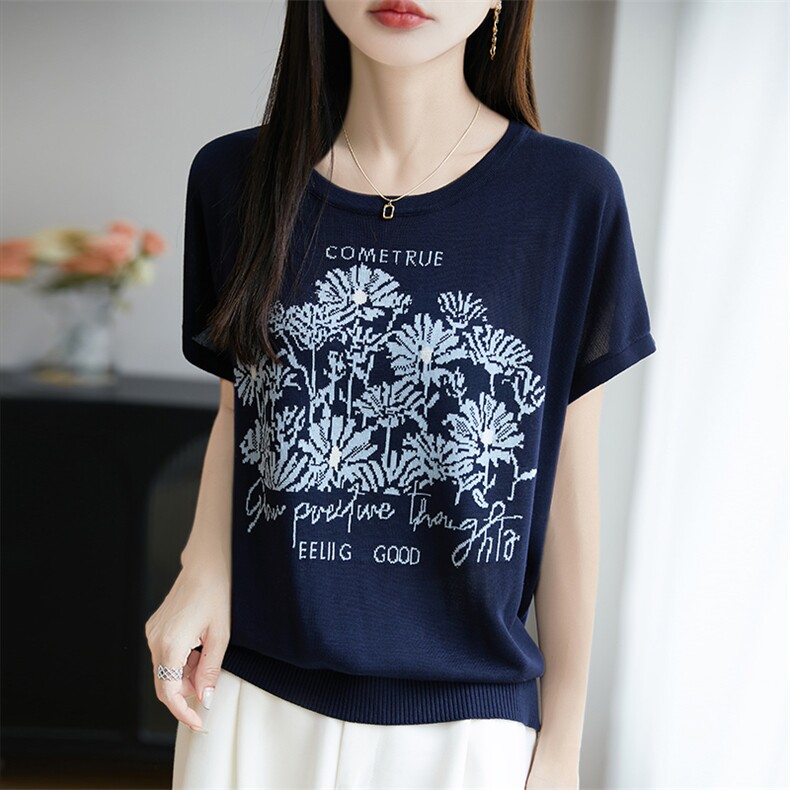 圆领拼色100%莱赛尔天丝针织短袖T恤女薄款显瘦上衣宽松半袖打底,针织衫/毛衣,郡淞羊绒