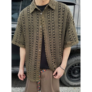 现货 美式复古镂空针织衫短袖男夏季薄款网状半袖衬衣LC0511-P43图片
