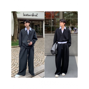 秋季新款男士时尚韩系ins高级时尚简约潮流假两件条纹衬衫领图片