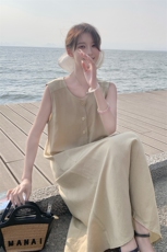 现货，无袖套头中长款麻类浅黄色连衣裙1C042-P150-K220，女装连衣裙，安在秀