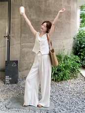高级感穿搭白色后背蕾丝拼接马甲套装女夏季时尚休闲阔腿裤两件套，女装套装/套裙，慧尚依恋