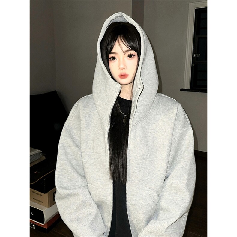 抖音得物高品质26春装美式高街重磅宽松结构高领连帽卫衣外套W60,女装短外套,电商A486-1