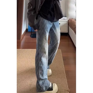 美式高街牛仔裤男格子设计感微喇裤修身显瘦直筒长裤 N6064图片