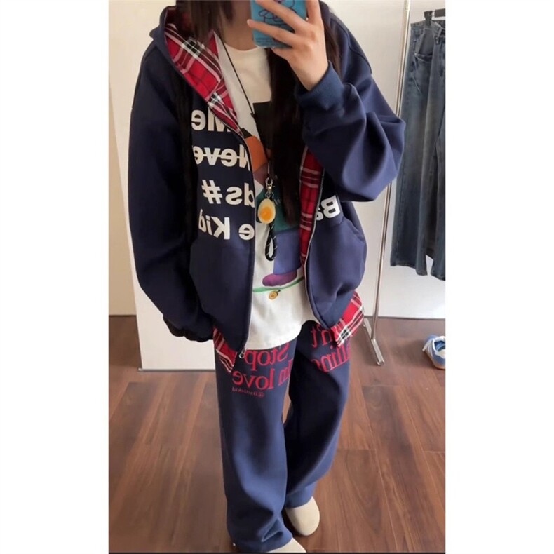 美式复古假两件格子夹克外套男女休闲飞行服潮LY66266-P69 夹棉77图片