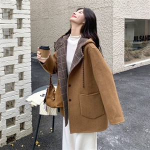 咖色韩系复古格纹连帽双面羊毛呢大衣女2025冬季新款休闲撞色外套图片