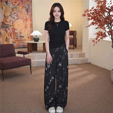 时尚休闲运动套装女夏季新款显瘦气质纯色圆领短袖上衣长裤两件套，女装套装/套裙，江南