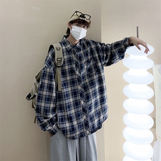 复古格子长袖衬衫秋季韩版时髦洋气宽松休闲上衣外套W4957-P32，男装衬衫，星座512-2