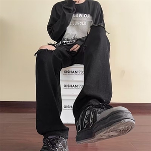 黑色牛仔裤男女直筒膝盖破洞乞丐裤潮牌痞帅炸街休闲长裤子~N6096图片