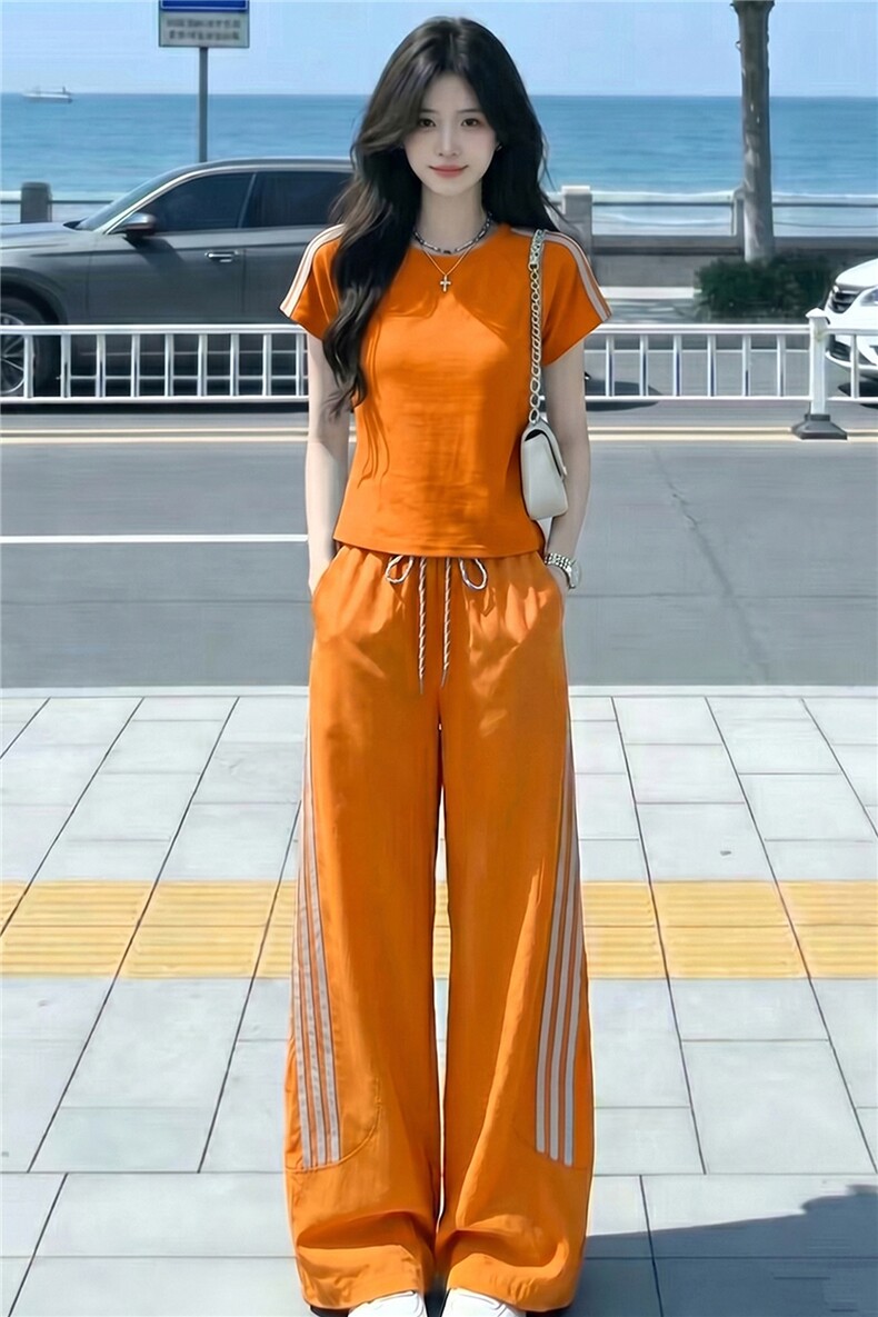 港风炸街休闲运动套装女夏洋气显瘦修身圆领短袖上衣长裤两件套潮,女装套装/套裙,江南