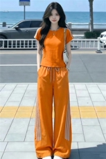 港风炸街休闲运动套装女夏洋气显瘦修身圆领短袖上衣长裤两件套潮，女装套装/套裙，江南