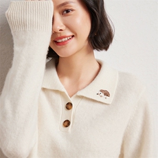 秋冬翻领刺绣刺猬100%羊绒衫女polo宽松时尚套头长袖针织打底上衣，女装羊绒衫，臻维羊绒