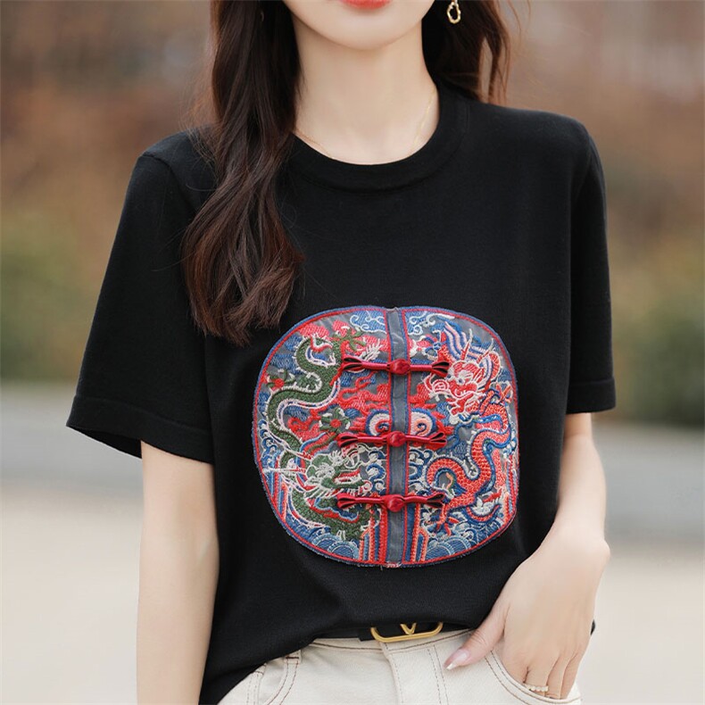 新中式刺绣短袖T恤女夏季圆领套头宽松显瘦百搭盘扣潮上衣,针织衫/毛衣,萱芳婷羊绒