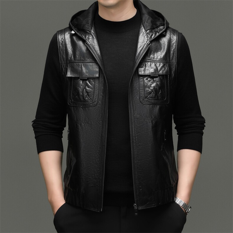 BG-W2803秋冬季羽绒马甲男款时尚马夹头层牛皮真皮保暖连帽背心图片
